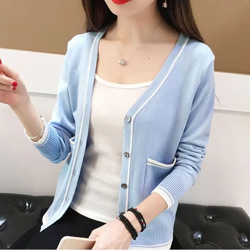 Women Clothing Fashion All-match Patchwork Knit Cardigan Spring Summer Casual Loose V-neck Long Sleeve Tshirt Button Pockets Top