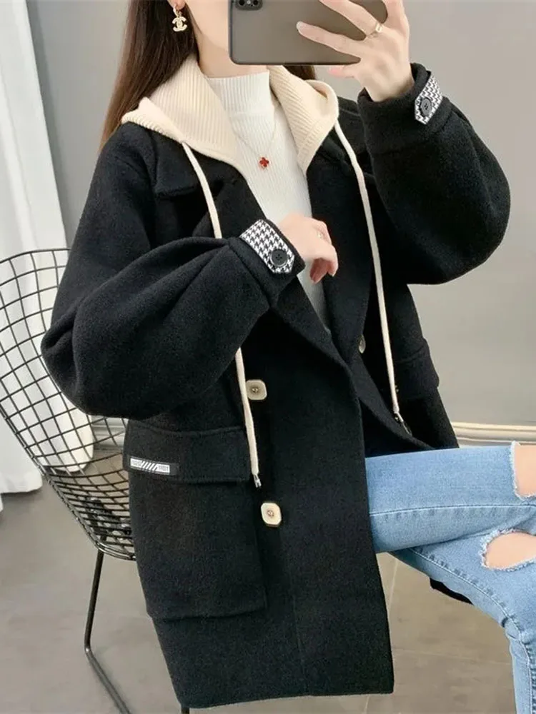 Advanced Apricot Thickened Korean Double Sided Nylon Coat Women 2023 Autumn/Winter Mid Length Double Breasted Woolen Jacket Lady