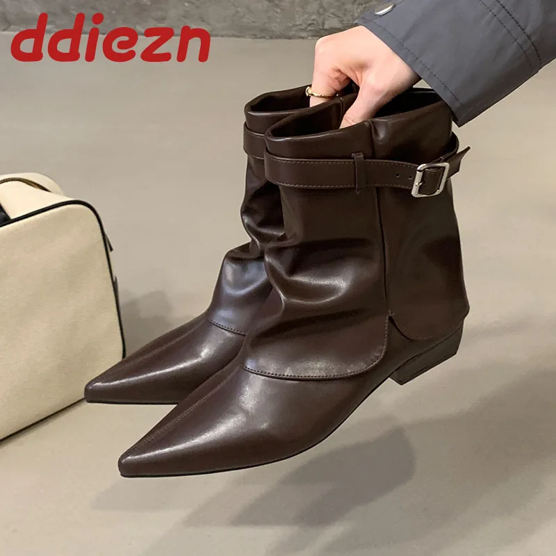 

Female Low Heel Footwear Modern Ladies Ankle Boots Shoes Buckle Fashion Pointed Toe Women Short Western Boots Slip On Shoes