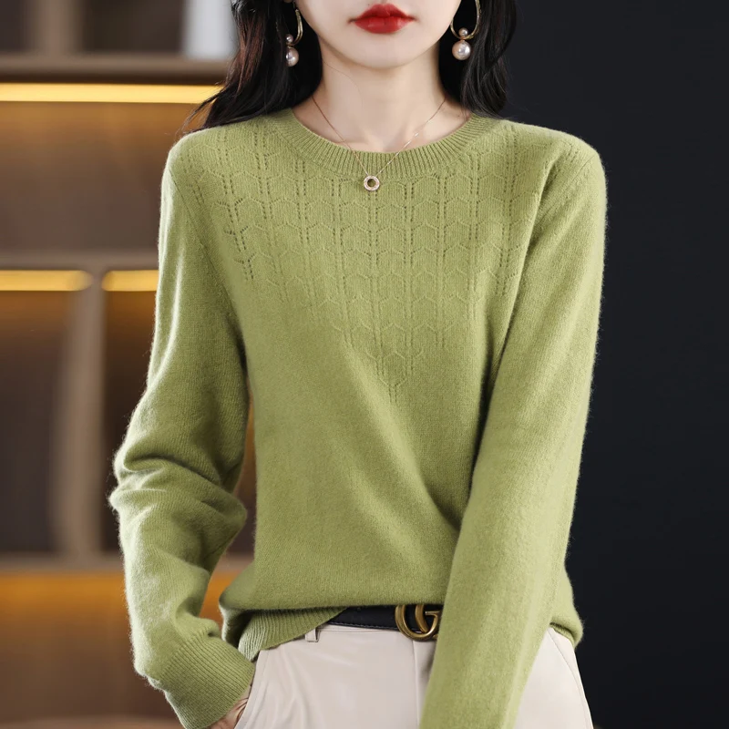 Women New Fashion Wool Soft Sweater Autumn Winter Hollow Out Round Collar Pullover Casual Basis Cashmere Warm Knitting Top