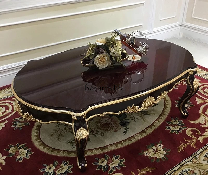 

3French solid wood large coffee table, oval European luxury carving, villa small apartment tea table living room