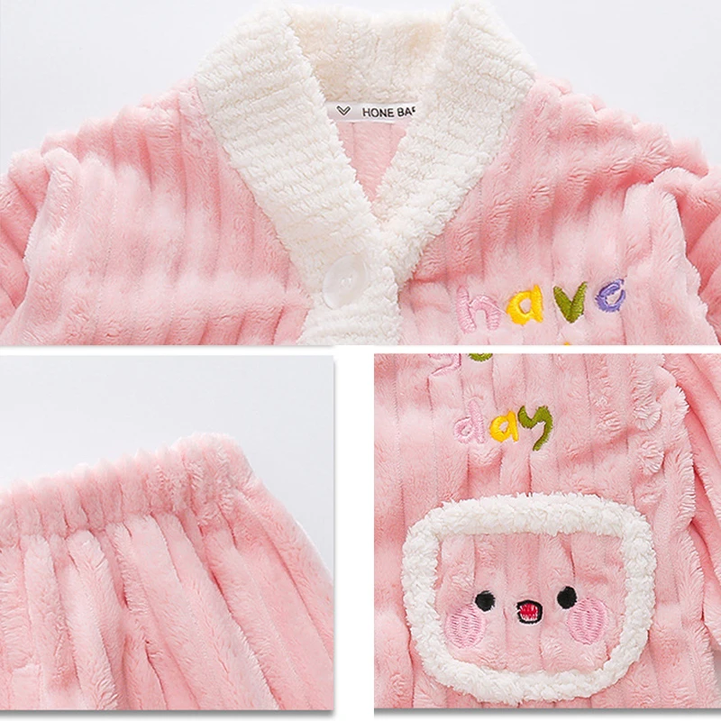 Children Pajama Set Coral Velvet Girls Home Clothing Autumn and Winter Thickened Warm Baby Cartoon Pajama Set