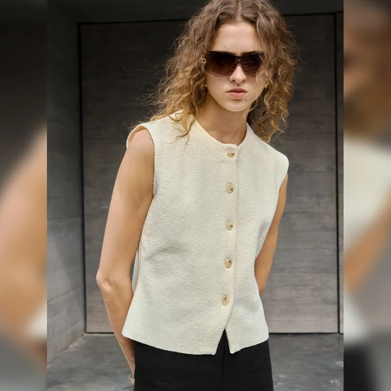 Retro Knitted Vest Women Sleeveless O-neck Button Up Pullover Casual Top Summer Tank Top Elegant Streetwear Office Lady Cardigan