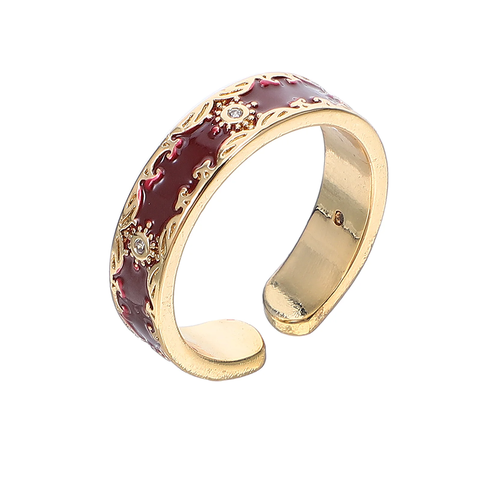 

Adjustable New Chinese Style Open Ring Red Enamel Flower Zirconia Stackable Ring Everyday Wedding Jewelry Adjustable Rings