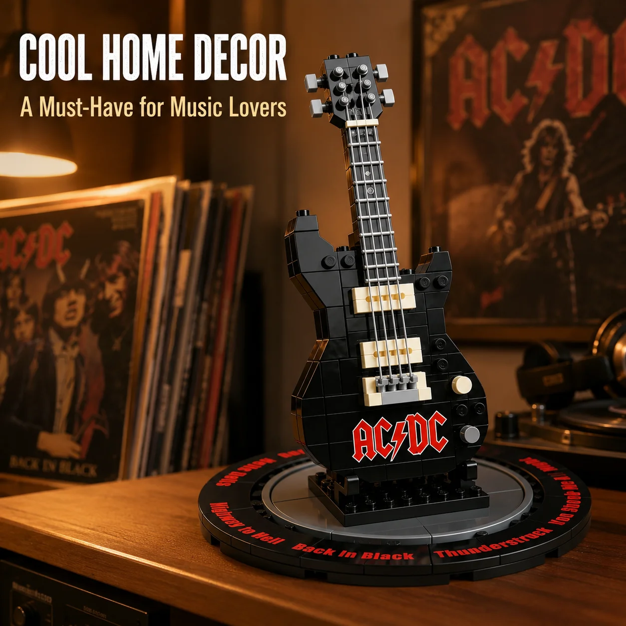 Exclusive AC/DC Commemorative Guitar Building Kit Vinyl Turntable Stand Printed Classic Album Tracks Heavy Metal Rock Merch