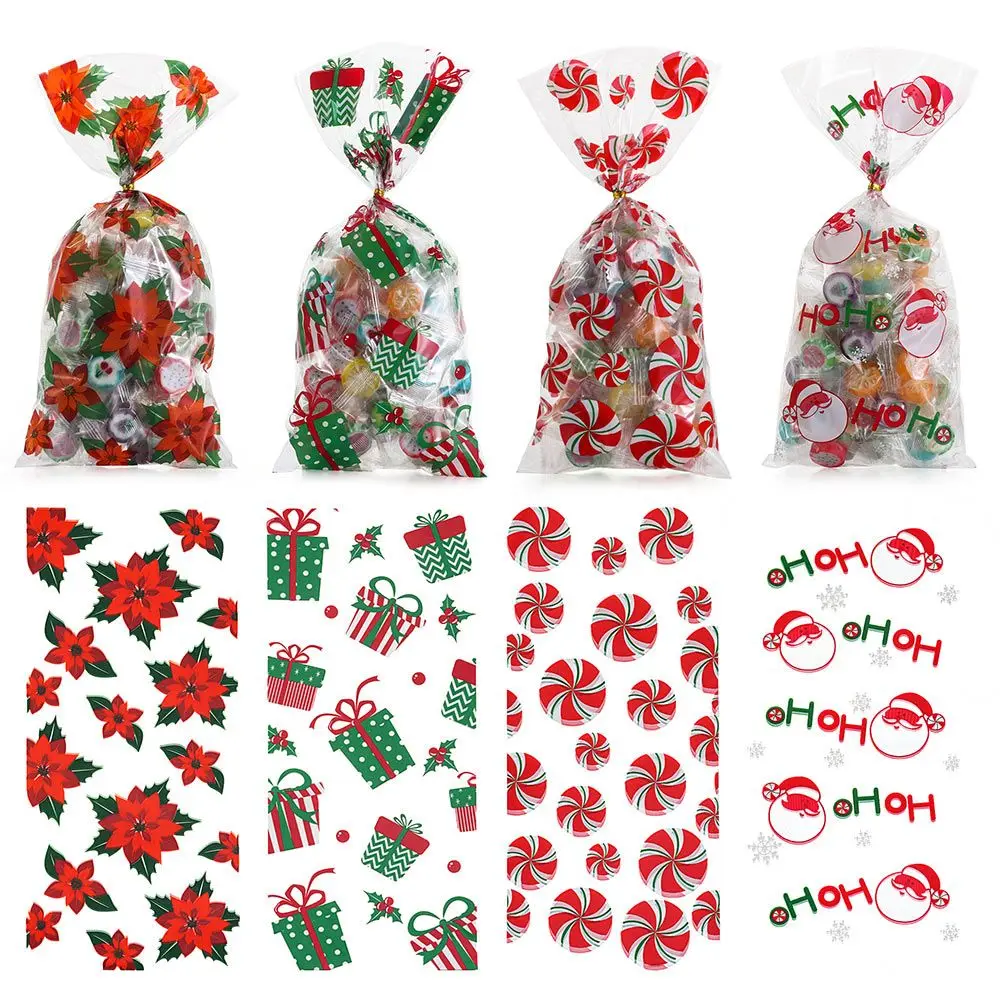 50PCS Merry Christmas Candy Bags Santa Claus Plastic Candy Treat Bag Xmas New Year Biscuit Bags Gifts Box Decoration