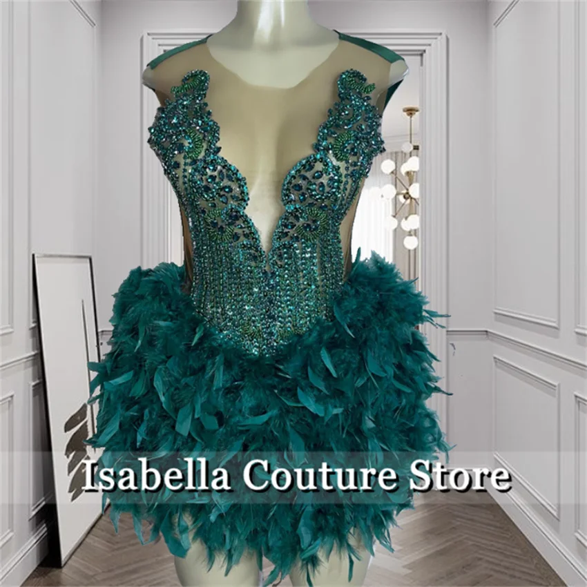 New Design Green Short Prom Dress Feather Shiny Rhinestones Dress Cocktail Dress Homecoming Party Vestidos Customized