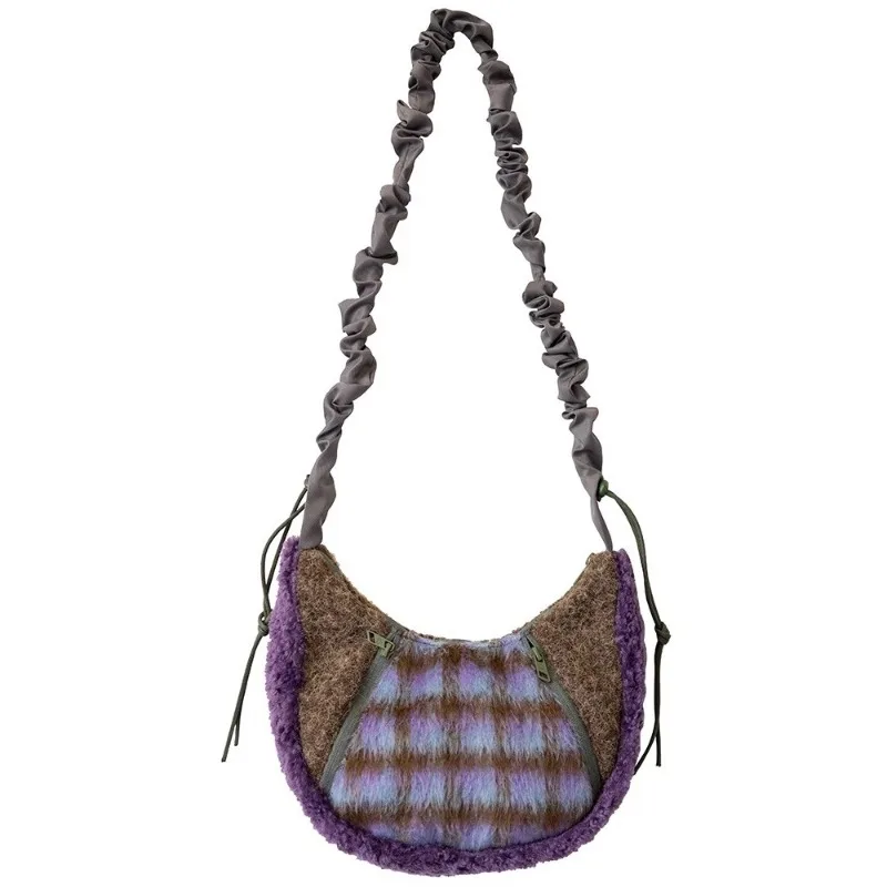 

Original Brands Crossbody Bag Women High Quality Plush Plaid Half Moon Shoulder Bag Fashion Pleated Shoulder Straps Female Bags