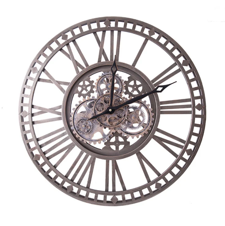 Oversize Industrial Luxury Metal European Popular Vintage Antique Roman Round Real Moving Gear Wall Clock