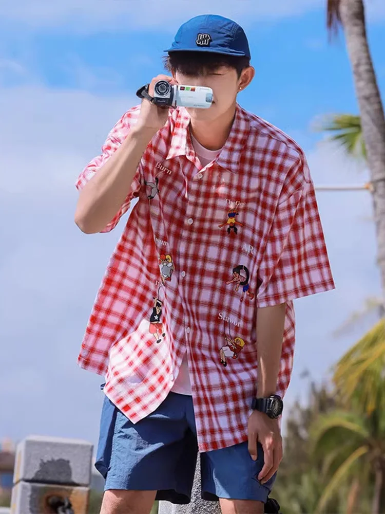 

Cityboy Plaid Short Sleeve Casual Shirt Men's Loose Fit Summer Trendy Brand Handsome Boys Outerwear Youth Popular Style