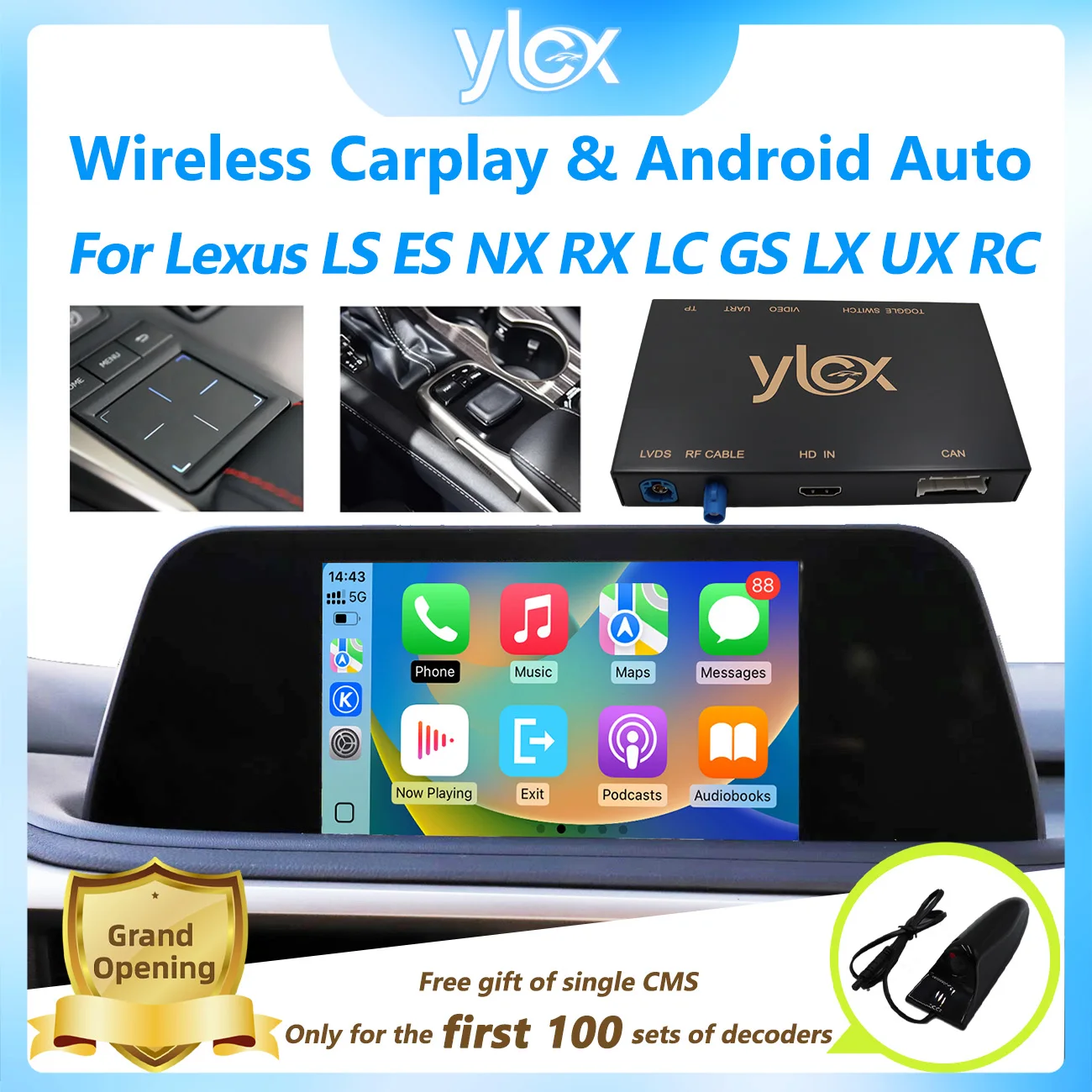 CarPlay اللاسلكي لـ Lexus LS ES NX RX LC GS LX UX RC لوحة اللمس الصغيرة أو عصا التحكم، مع Android Auto AirPlay CMS يدعم YT NF #1