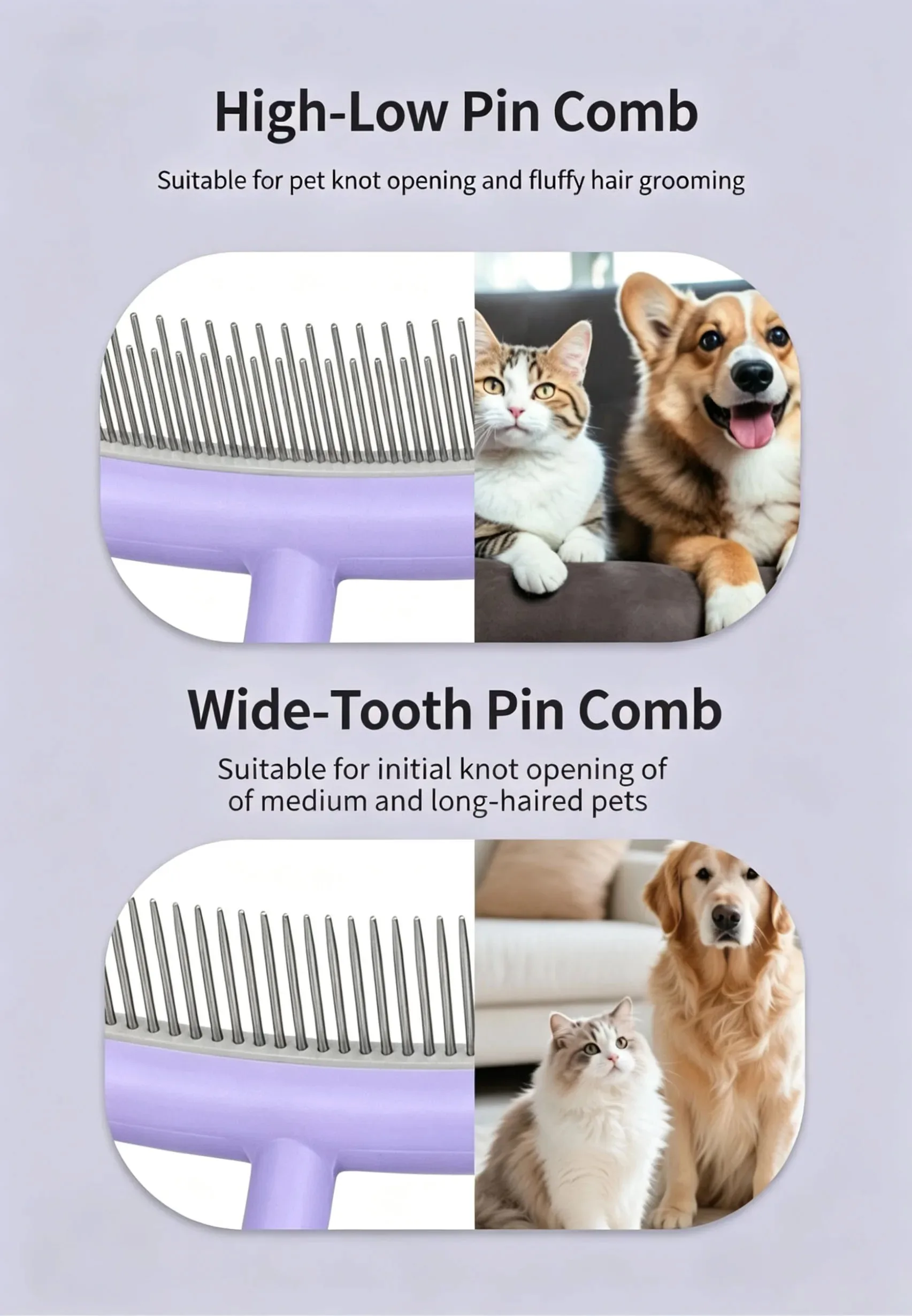 Pet Dematting Rake Comb Stainless Steel Round Tip Metal Needle Grooming Brush Remove Tangles Floating Hair Massage Skin Anti-Sli