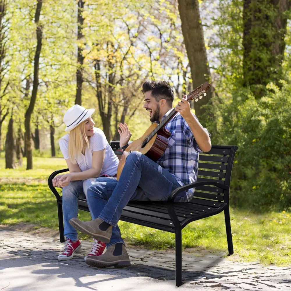 

45.7in Patio Bench Black Steel and WPC Durable Wonder Stability Redefined Comfort Core Sophistication Outdoor Seating Bench