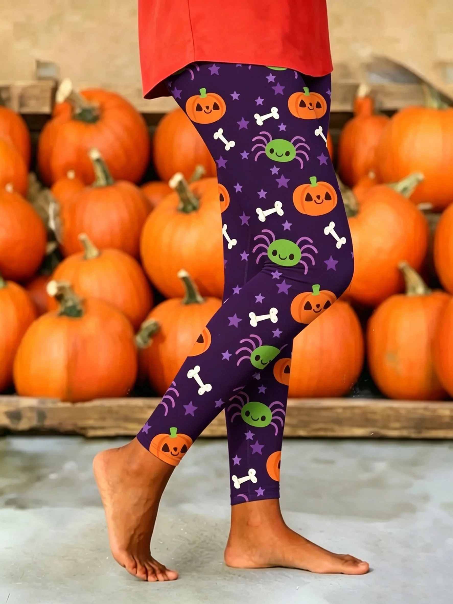 Women Mid‑Waist Fleece Lined Leggings, Halloween Pumpkin Spider Bone Cartoon Print, Slim Warm Festival Party Casual Daily Pants