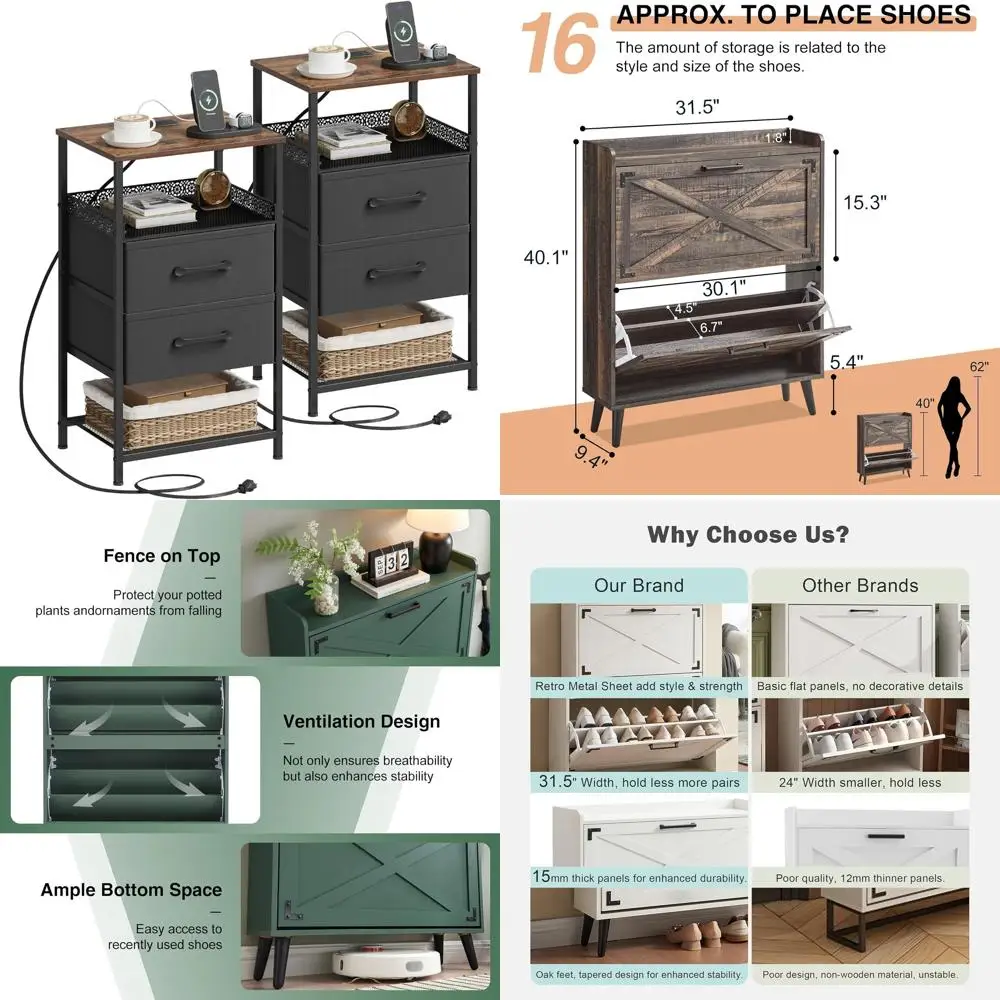 

Charging Station Nightstand Set, Fabric-Drawer Night Stand, 3-Tier Storage End Table, Bedroom Bedside Tables