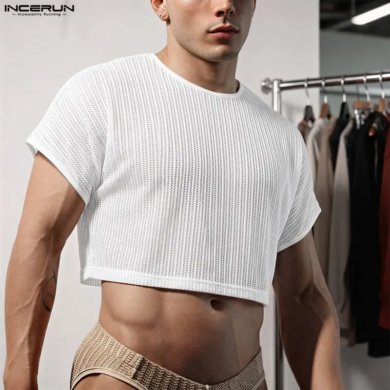 INCERUN Men's T Shirt Solid Color Knitted O-neck Short Sleeve Male Crop Tops Summer Streetwear See Through Fashion Men Clothes