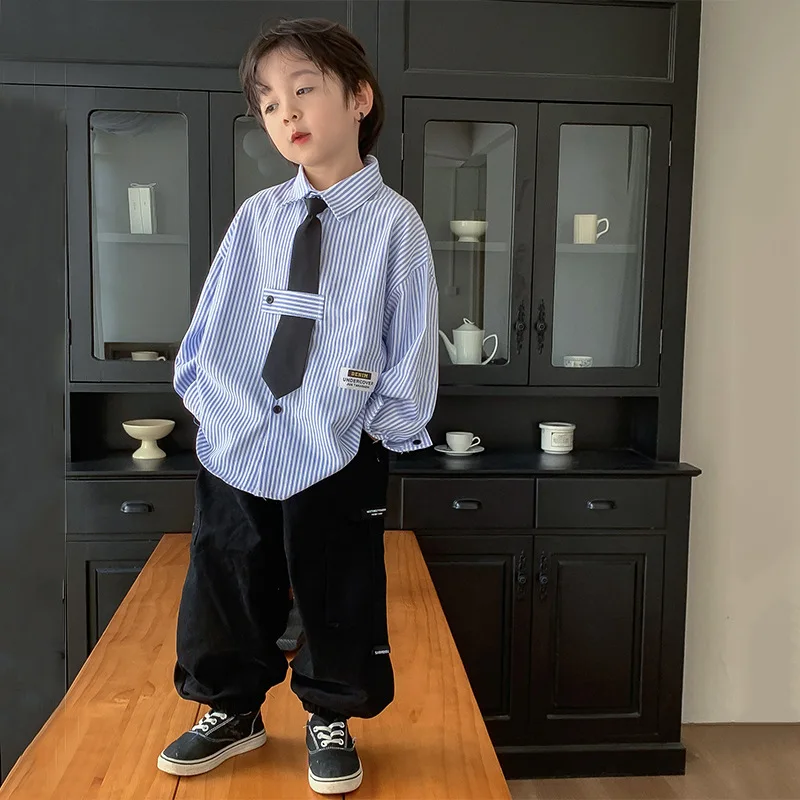 2024 Spring New Kids Vertical Stripes Shirts Boys Turn-down Collar Loose Casual Shirt with Necktie