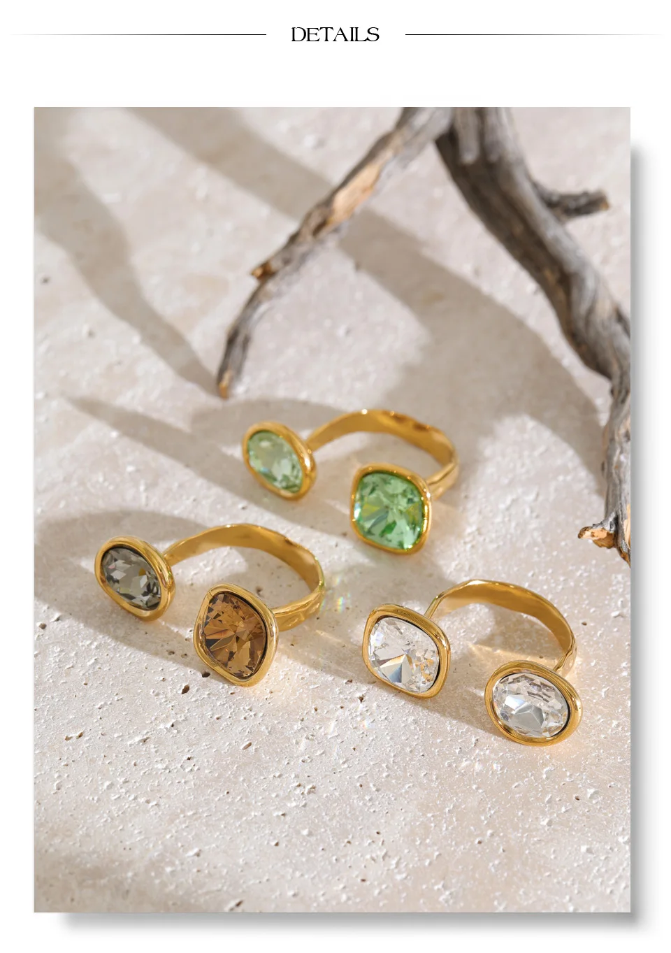 Yhpup Edelstahl Verstellbarer Offener Ring Braun Weiß Grün Quadratischer Kristall Goldfarben Neuheiten Finger Modeschmuck – Detail 7