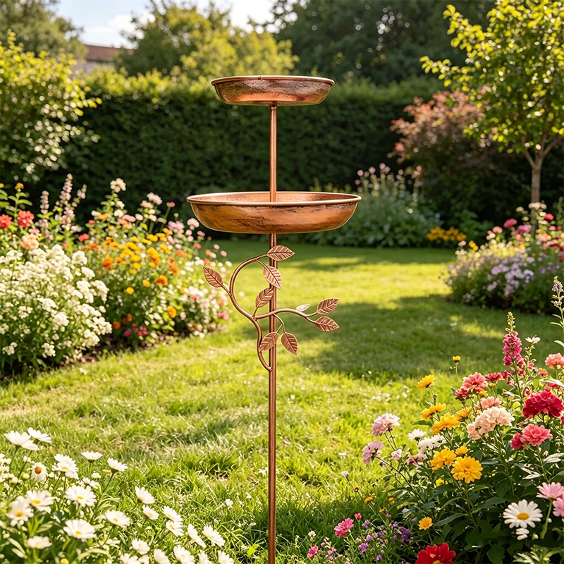 A Vintage Copper-Colored Iron Bird Bath and Feeder, Dual-Purpose, with a Double-Layer Design to Accommodate Hummingbirds, Bees, Butterflies, Etc., for Simultaneous Use. Rust-Resistant for Outdoor Use, with 5 Stable Legs for Secure Placement. Garden and Yard Decoration, Bird Drinking and Bathing Station, Easy to Clean, Classic Garden Decoration, Outdoor Decoration, Durable Handmade Product, Holiday Decoration/Outdoor Bird Feeder/Basic Feeding Equipment/Outdoor Scene Decoration