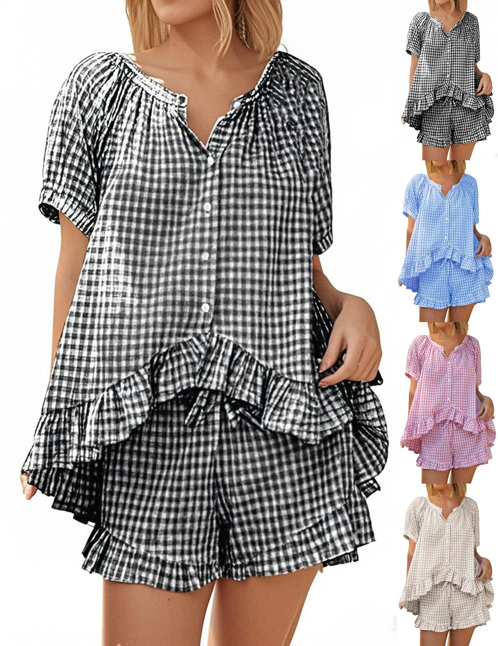 

Women 2 Piece Ruffle Gingham Pjs Short Sleeve Button Lounge Sets Short Sleeve Sleepwear Set Plaid Summer Outfits