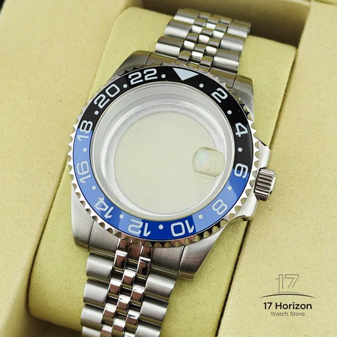 GMT NH34 Case 40mm Fit For Jubilee Bracelet Bidirectional 24 Tooth Rotation  Ceramic Bezel Sapphire Glass Transparent Bottom Cov