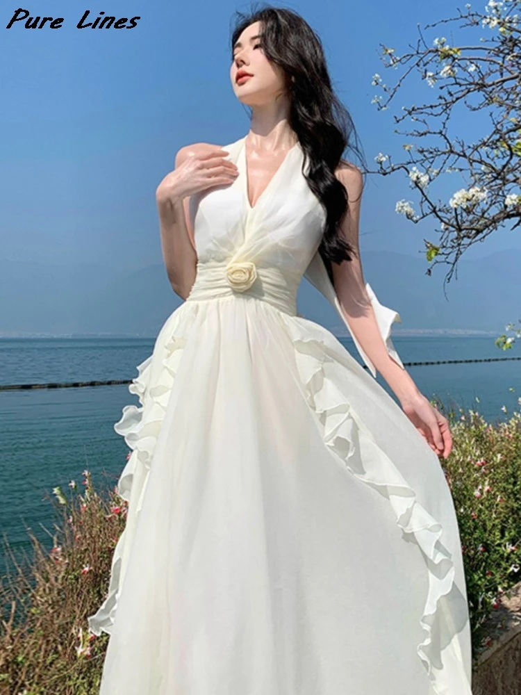 

Women Chic Ruffled Floral Asymmtetrical Long Dress Elegant Neck-mounted Sexy Dresses Holiday Korean Fashion Casual Party Vestido