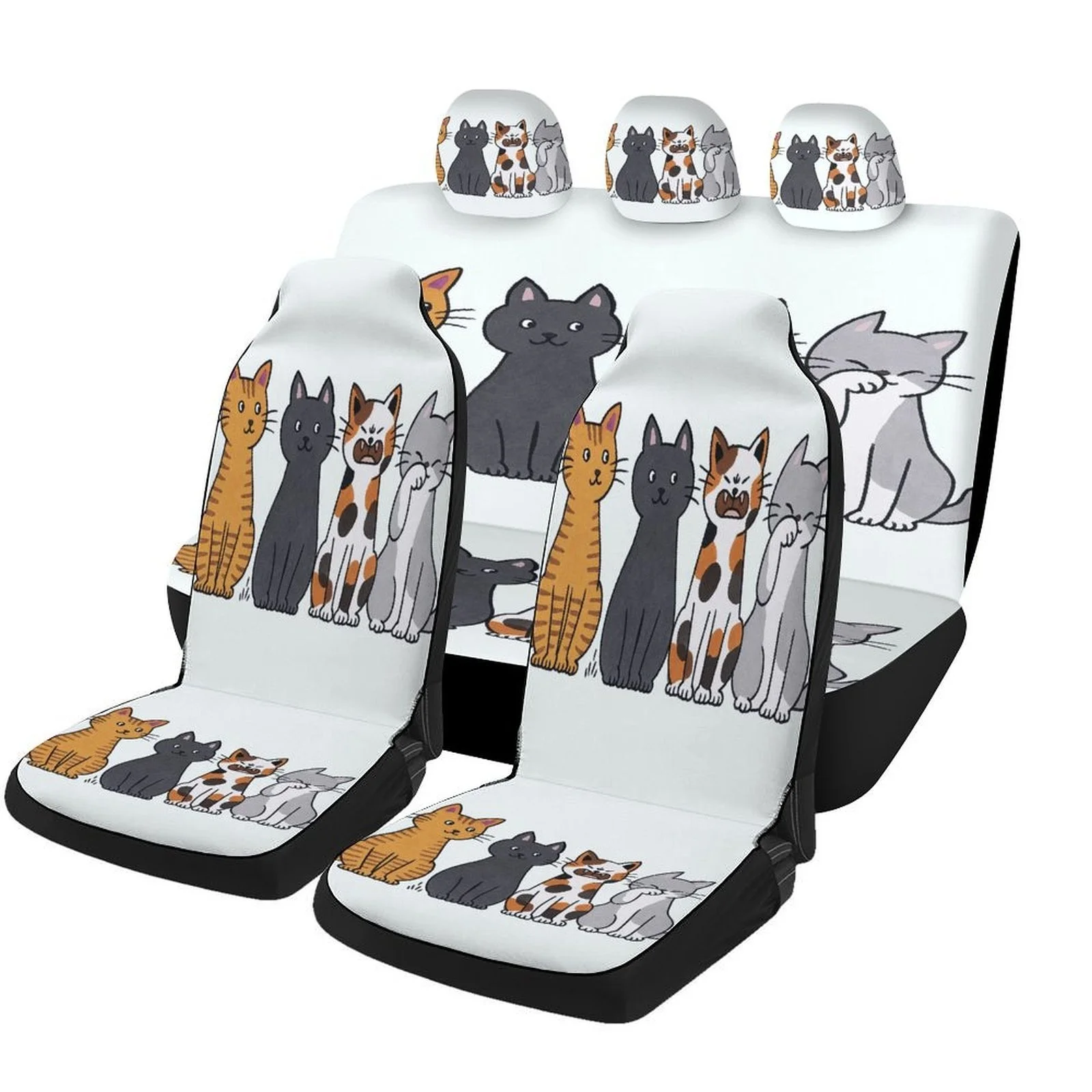 Set Of Car Seat Covers Featuring A Design Of Cats Sitting Together, Suitable For Most Vehicles. These Stylish And High-Quality P
