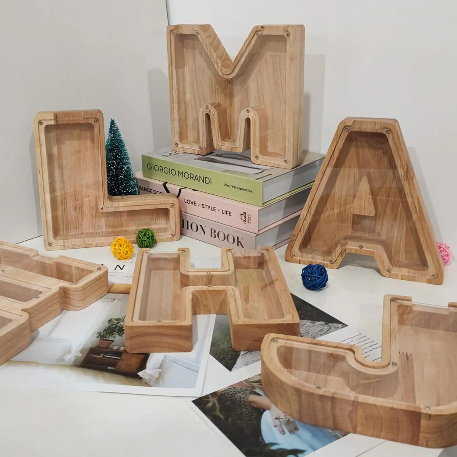 Piggy Bank for Kids Personalized A-Z Letter Piggy Bank Wooden Transparent Letter Money Box Decoration Creative Money Jar Gifts