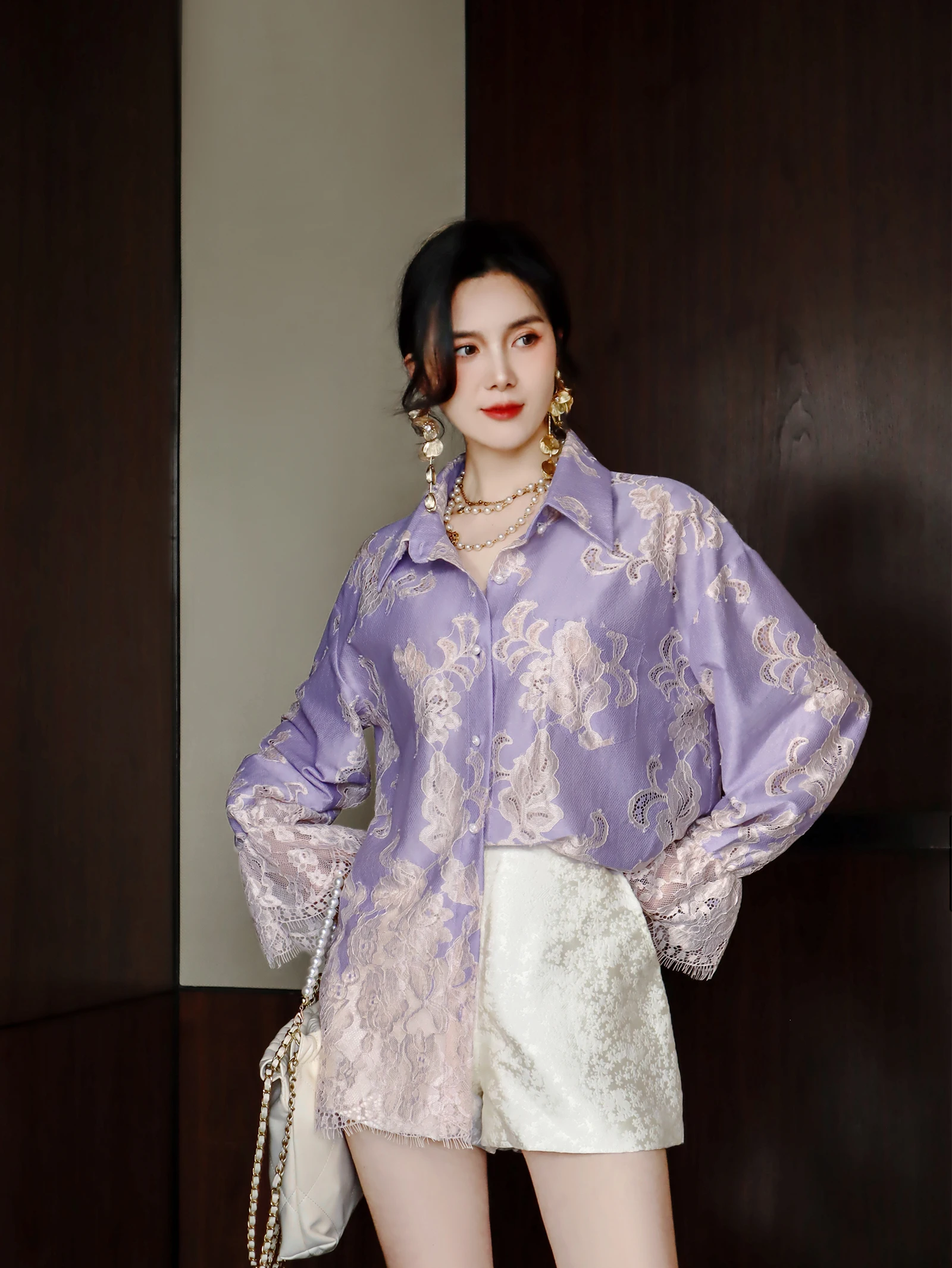 

Ele Purple Contrast Color Lace Hollow out Loose irt Faionable Original Design French Sle Breathable Skin-Friendly