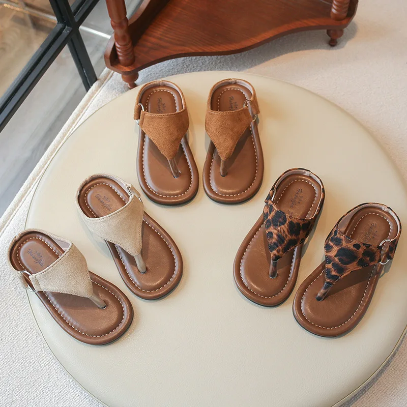

Jogerli Children's Toe Sandals Summer New Retro Fashion Girls Leopard Print Non-slip Breathable Roman Shoes Wear Cool Slippers