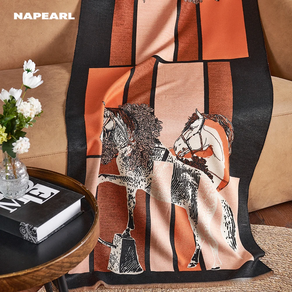Luxury Horse Print Throw Blanket Equestrian Knitted Sofa Cover Soft Decorative Blanket for Couch Bed Living Room Home Decor