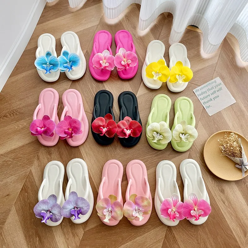 Damen Sommer Orchidee Flache Rutschfeste Weichsohlen-Strand-Flip-Flops Damen Urlaubssandalen Alltägliche Freizeitsandalen Haus- und Badezimmerschuhe