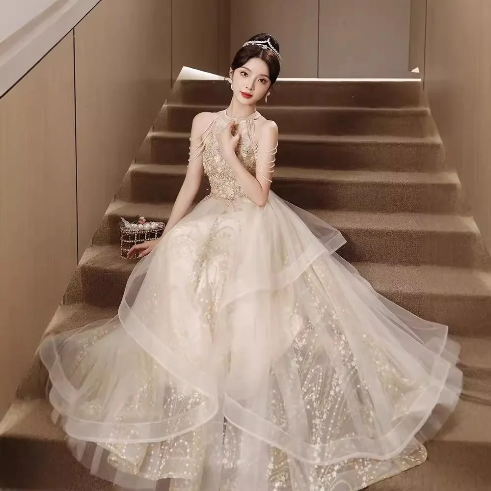 Champagne Evening Dress Women's High Sense Banquet Temperament French Host Adult Ceremony High-End Affordable Luxury Niche