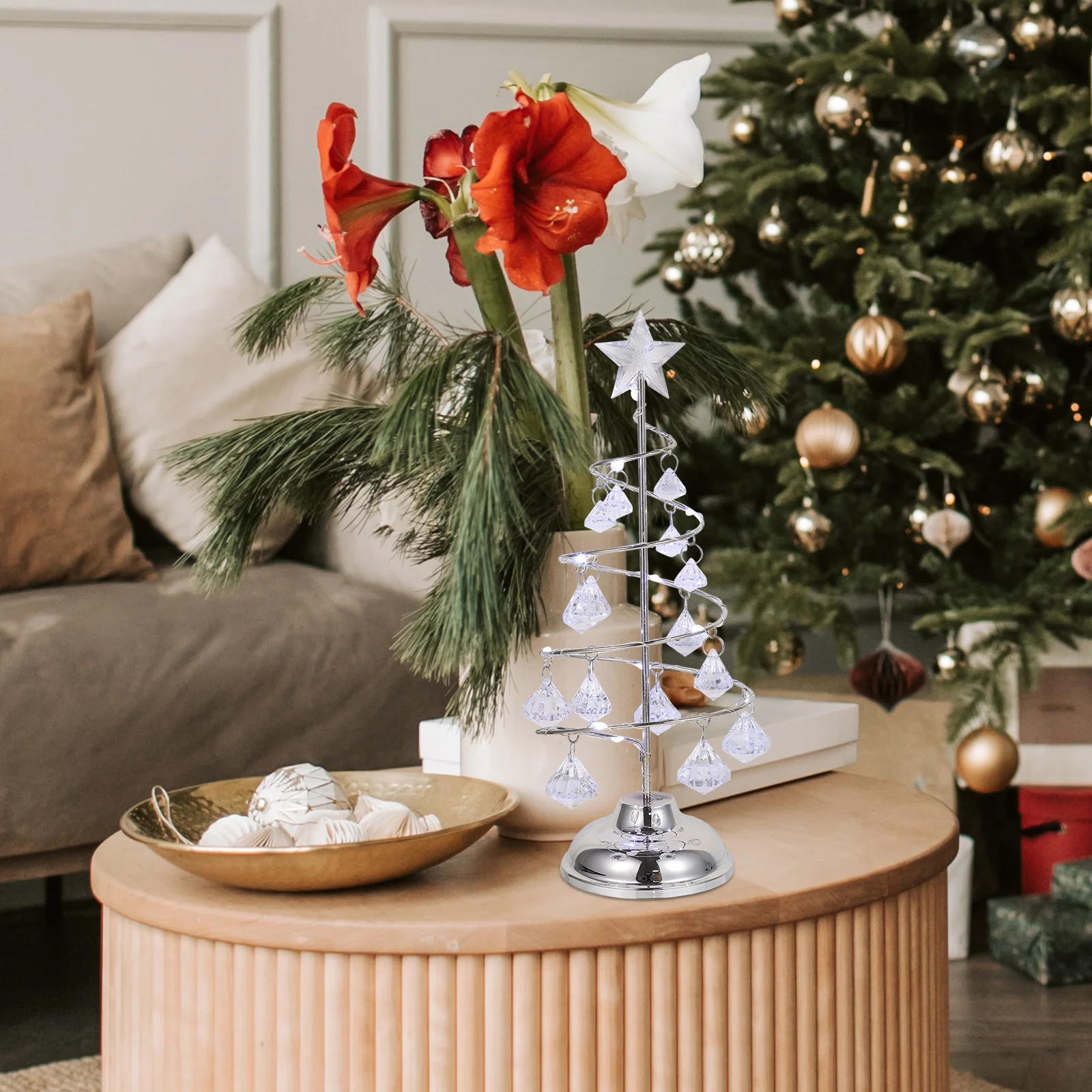 مصغرة سطح المكتب شجرة عيد الميلاد ليلة مصباح الحديد المطاوع كريستال المعلقات بلينغ مضيئة عيد الميلاد زخرفة تعمل