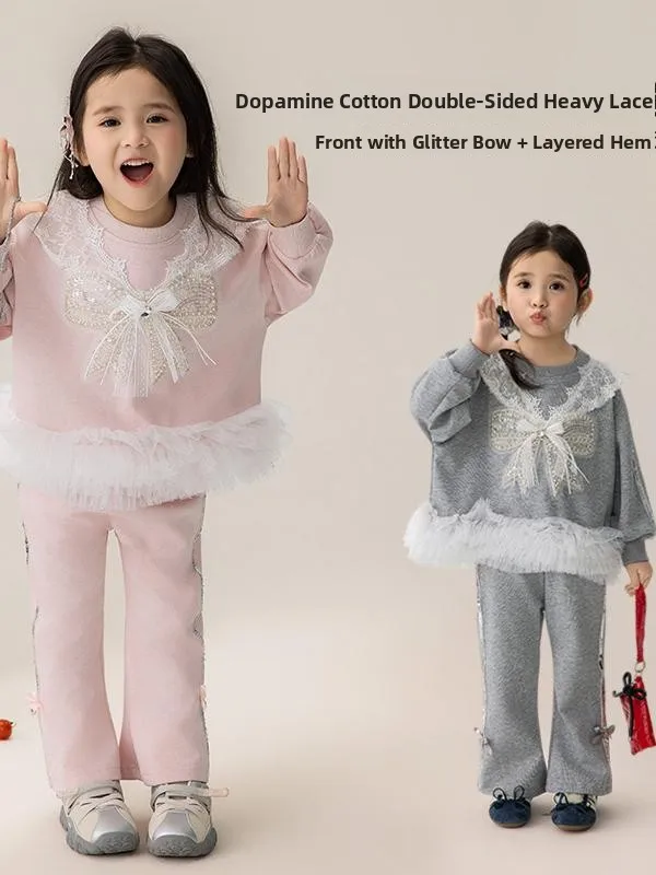 

Girls Casual Sports Spring New Net Splicing Set Baby Hoodie Pants Trendy Two Piece Set Cotton Long Sve round Ne Butterfl...