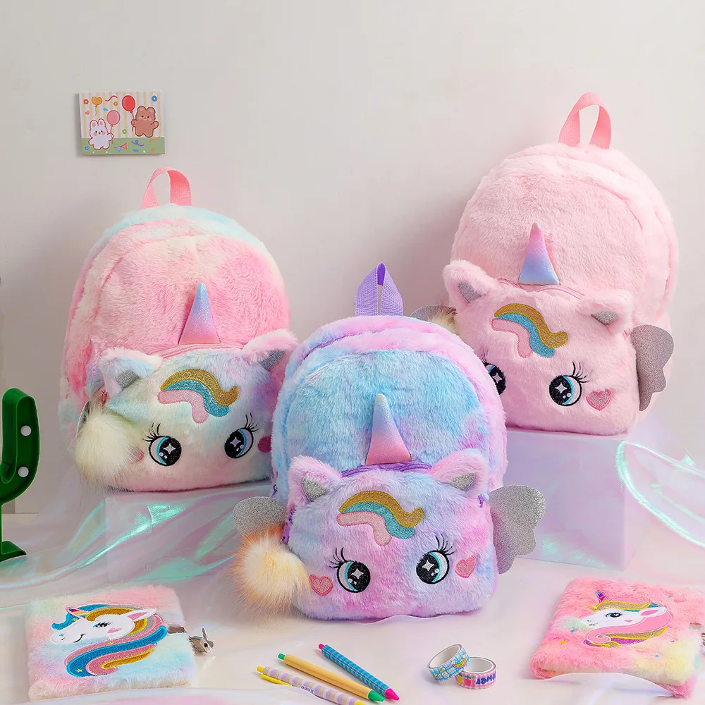 School Bags New Cartoon Unicorn Plush Backpack Cute with Wings Big Eyes Children\'s Kindergarten Backpack Girl