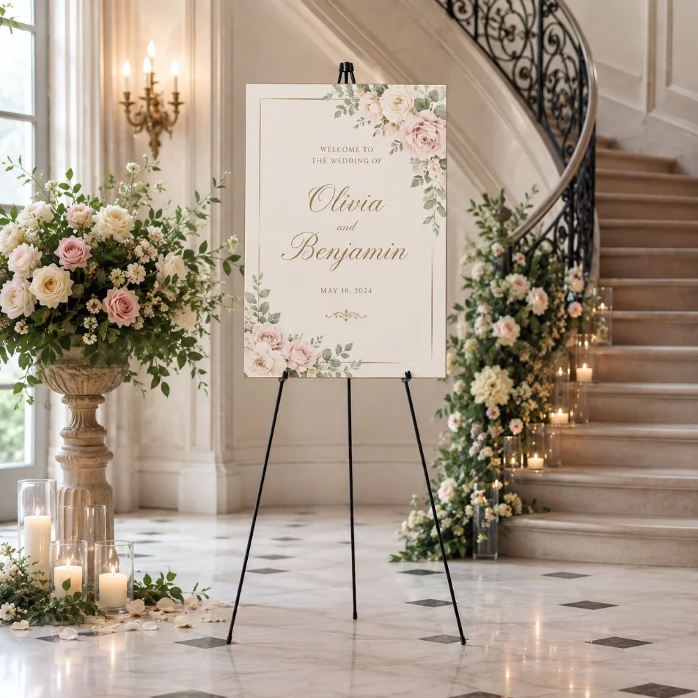 Wedding Sign Stand 66 Inch, Portable Folding Easel Stand for Welcome Signs, Reception Displays, Poster Boards, Event Decorations and Artwork Display, Metal Tripod Easel for Wedding Party Decor 1PCS