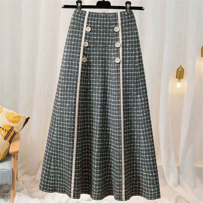 Women's Autumn Winter  A-line Skirt High Waist Elastic Waist Mid Length Knitted  Large Swing Skirt Sweater Skirts Pleated Skirt