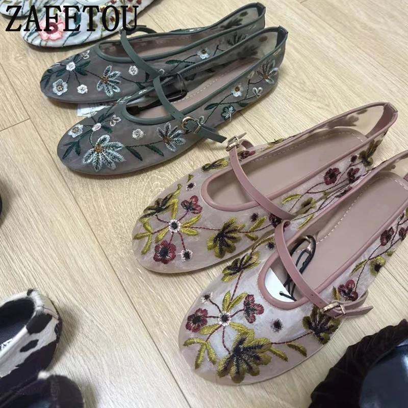 

Zafetou 2024 Spring Summer New Green Flower Embroidered Mesh Ballet Flats Breathable Round Head Mary Jane Single Shoes Women