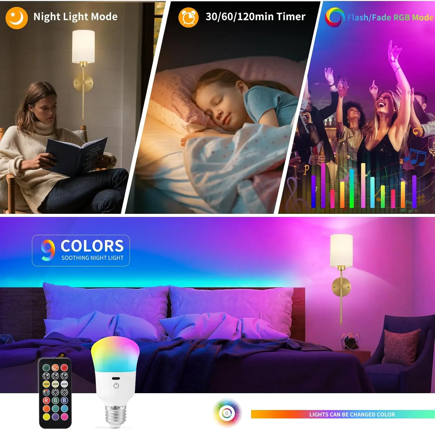 Usb rechargeable Light Bulb with Remote Control Dim & RGB, Timer,Backup Emergency Light for Home or Outdoor