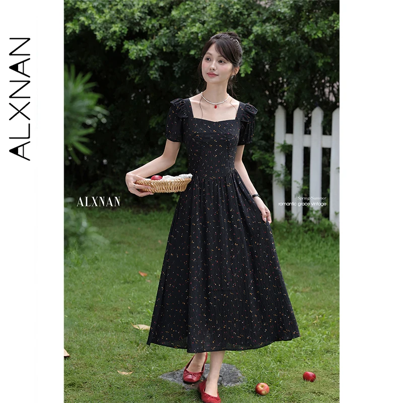 ALXNAN Women's Black Floral Dress Elegant Long Square Neck Puff Sleeve Dresses 2025 Summer Casual Party Female Clothing L56011
