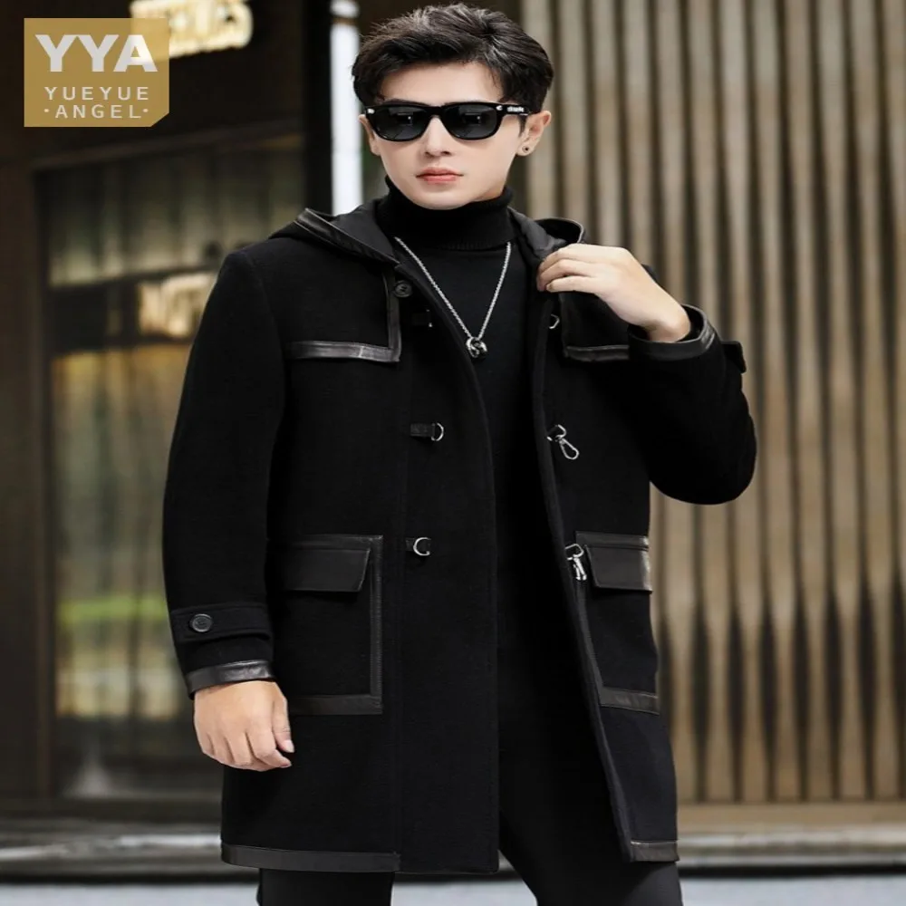 Style Preppy Mens Long Real Wool Coat New Spliced Sheepskin Trench Autumn Winter Casual Hooded Natural Sheep Fur Overcoat