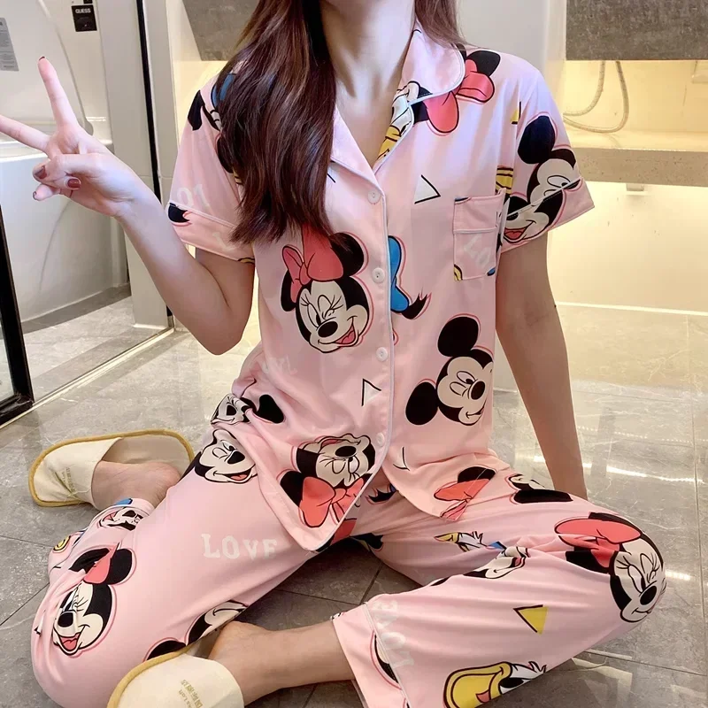 Disney\'s new Mickey Mouse silk pajamas women\'s ice silk pure cotton comfortable cartoon breathable loose home women\'s pajamas