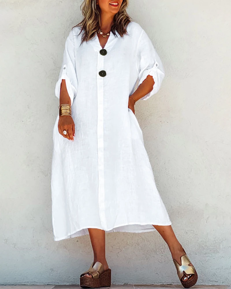 

Casual Women's Dresses Daily 2024 V-Neck Three Quarter Sleeve Loose Solid Color Button Decoration A-Line Shirt Shirt Dress