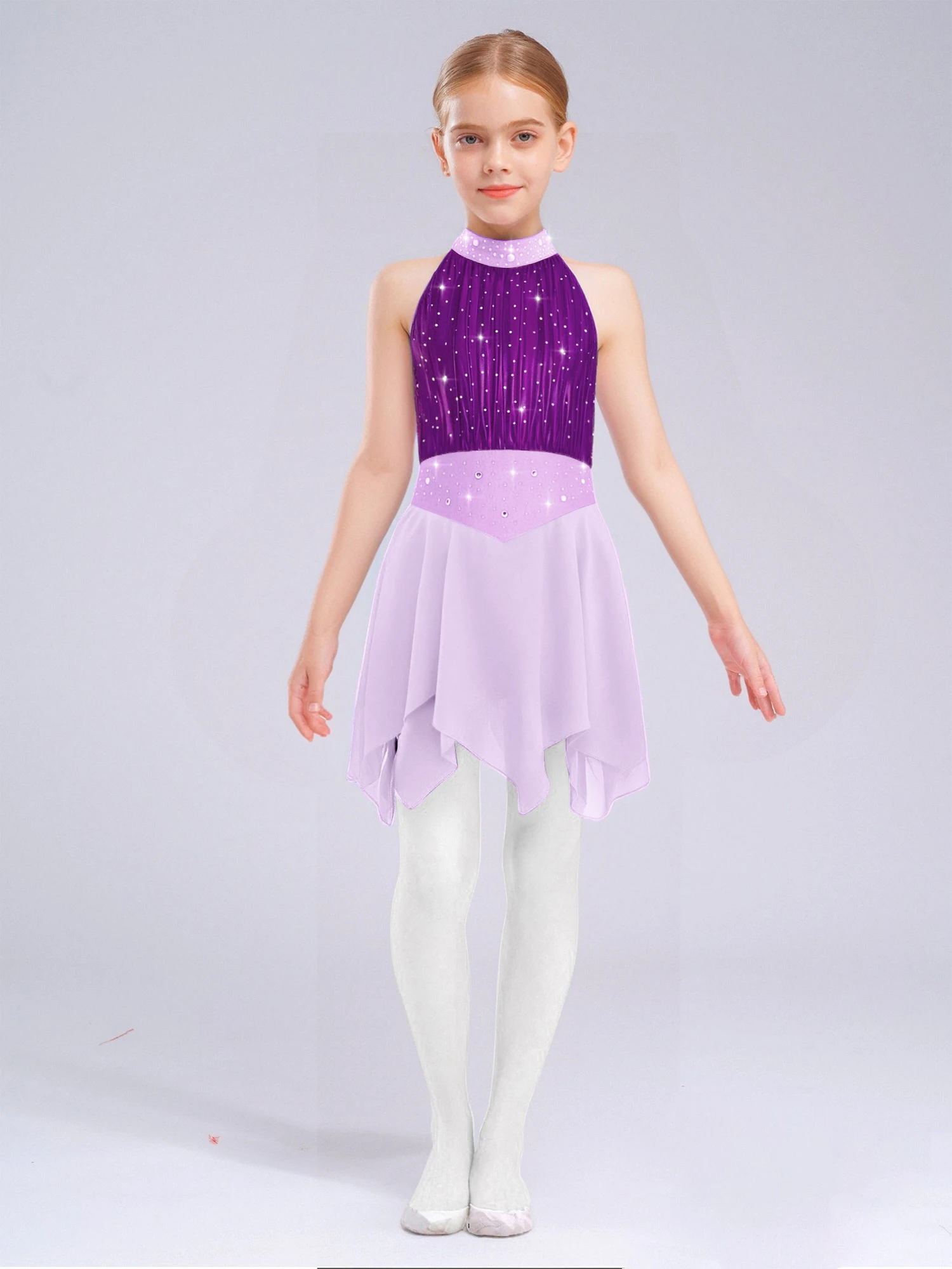 Girls Ballet Dress Figure Skating Clothes Modern Lyrical Dance Leotard Gymnastics Costume Mesh Tutu Shiny Performance Dancewear