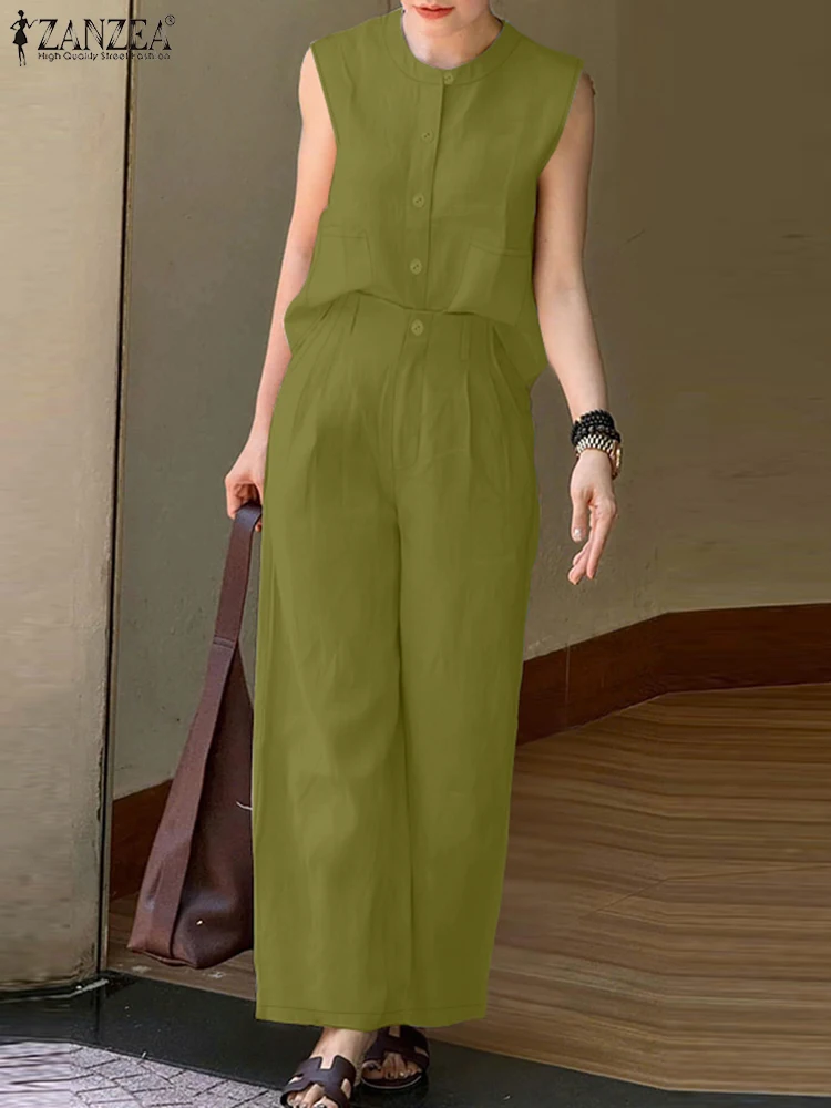 ZANZEA moda mujer conjuntos de dos piezas trajes conjuntos de pantalones de verano sin mangas botón blusa pantalones traje 2025 elegante chándal de trabajo