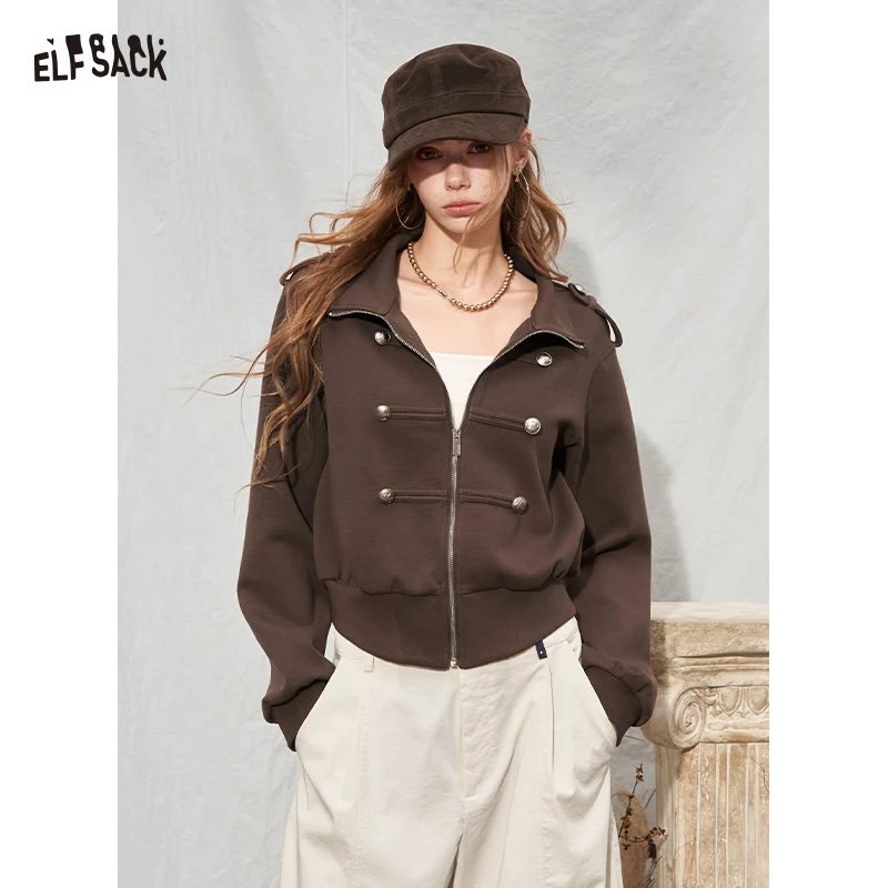 ELFSACK Women's Cropped Military Jacket with Stand Collar Epaulets, Black Zip Up Outerwear for Daily, Chic Short Coat