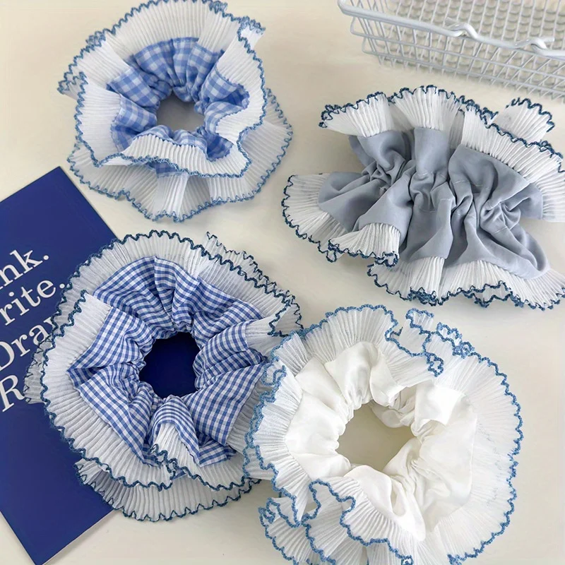 Lazo para el pelo con lazo a cuadros azules, moño con ribete de encaje de doble capa y diadema con cola de caballo, accesorio para el cabello dulce y fresco