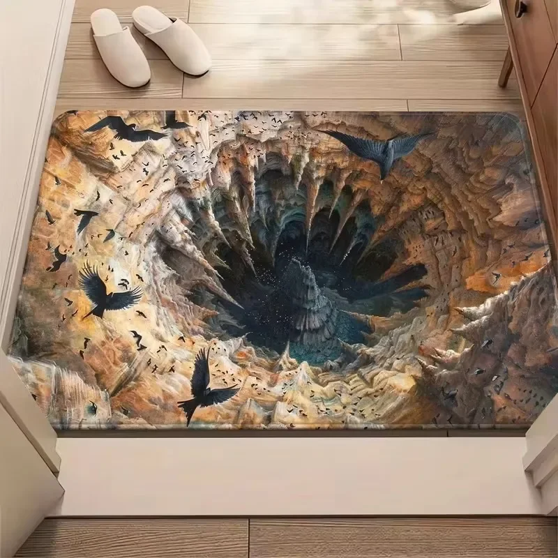 3D Optical Illusion Floor Mat Cave Tunnel Stone Steps Visual Vortex Pattern Decorative Front Door Welcome Doormat