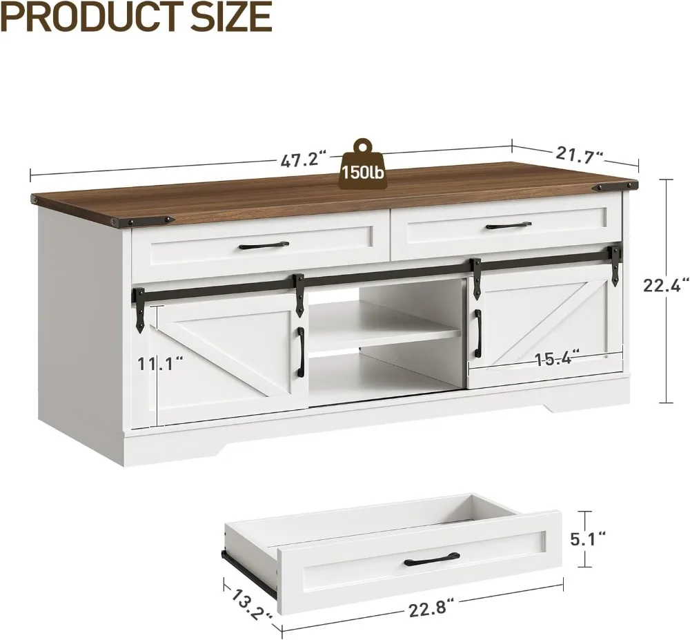

47-дюймовый журнальный столик в деревенском стиле для фермерского дома с местом для хранения вещей, 2 ящиками и раздвижными дверцами для сарая — белый и орех